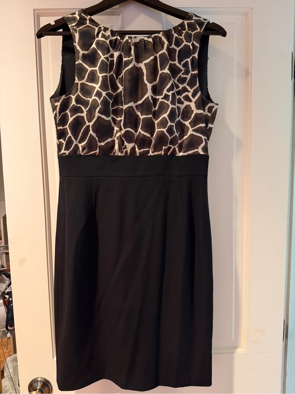 Tahari Sleeveless Black Dress with Giraffe Animal-Print Bodice